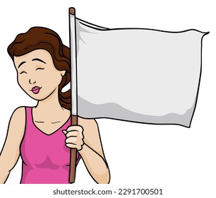 Pretty brunette woman holding a wooden flagpole and blank banner. Template in cartoon style.