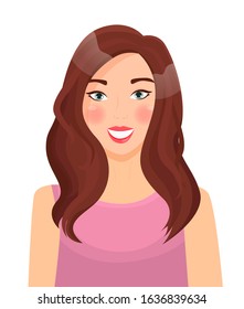 Pretty brunette woman smiling and posing alone. Beautiful lady with makeup and stylish hairstyle. Adult model isolated on white background. Vector illustration of girl portrait in flat style