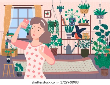 Pretty brunette woman taking selfie on phone at home. Many plants, flowers and cactuses on background in house like in orangery vector illustration
