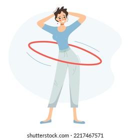 Pretty brunette woman twisting a hoop around her waist cartoon character, female physical activity vector illustration. Happy girl goes in for sports in her spare time.Healthy lifestyle.