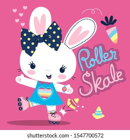 Pretty bunny girl on roller skates on pink background illustration vector, T-shirt design for kids.