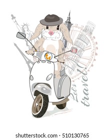 Pretty bunny in hat travels on a scooter to the sights. Hand drawn vector illustration.