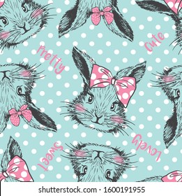 Pretty bunny head with bow kids seamless pattern vector illustration for clothes