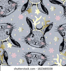 Pretty bunny head ith antlers of deer and snowflakes. Hand drawn vector illustration. Christmas seamless pattern