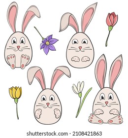 Pretty bunny rabbit Easter eggs with ears and paws set for holiday card design