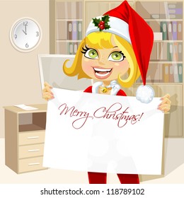 Pretty business woman in office hold banner Merry Christmas