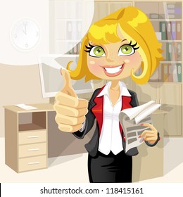 Pretty business woman in office with business papers showing that everything is OK