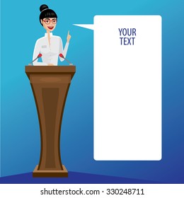 Pretty business woman on podium text bubble