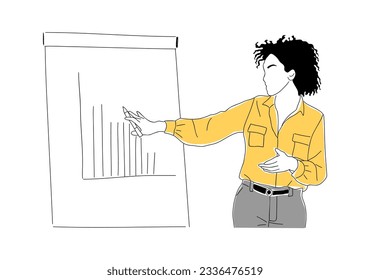 Pretty Business woman pointing to whiteboard with research data, doing presentation, taking part in seminar, business activities. Vector line art illustration isolated on white background