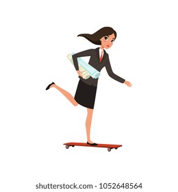 Pretty business woman riding skateboard with project plans and rolled blueprints for engineer job. Young girl in formal corporate clothing. Flat vector design