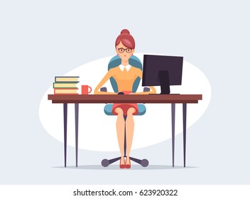 Pretty Business Woman Sitting and Working with Computer. Vector Illustration