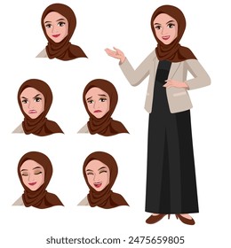 pretty business woman standing in suit jacket and wearing hijab with set of face expression