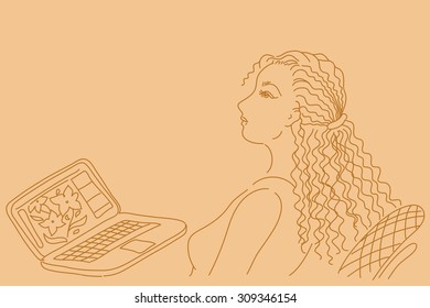 Pretty business woman working on laptop computer. Hand drawn illustration.