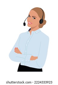 Pretty businesswoman customer service representative with headset. Call center worker. Smiling blonde girl wearing office formal outfit. Cartoon female character vector realistic illustration isolated