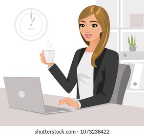 Pretty businesswoman holding cup of tea is working on laptop in office. Vector illustration isolated.