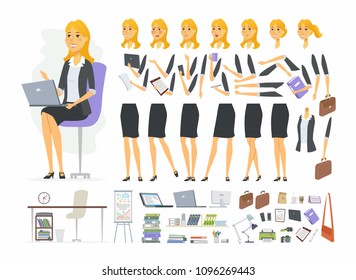Pretty Businesswoman - Vector Cartoon People Character Constructor Isolated On White Background. Set Of Different Poses, Gestures, Emotions For Animation. Workplace With Computer And Office Supplies