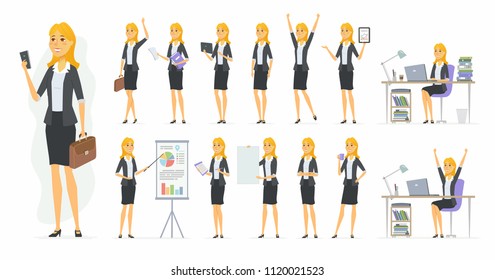 Pretty businesswoman - vector cartoon people character set isolated on white background. Blonde office worker in different situations, presenting a project, sitting at the computer, drinking coffee