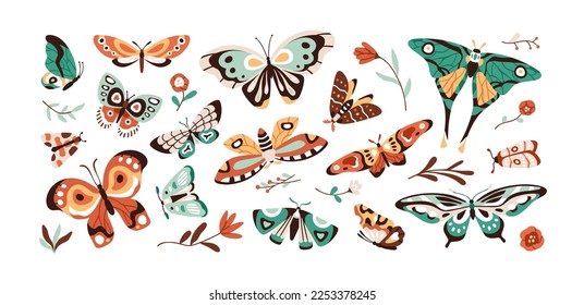 Pretty butterflies, beautiful moths, spring flowers, plants, nature set. Exotic gorgeous flying cute insects with multicolor wings, antennae. Flat vector illustrations isolated on white background