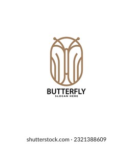Pretty butterfly logo. Golden Butterfly in a Circle in simple minimalistic line art monoline style. Vector Icon Illustration