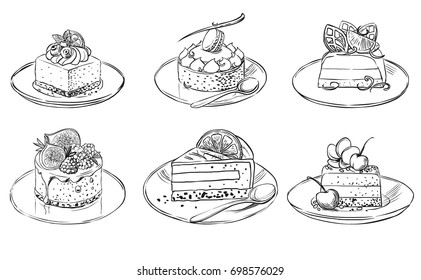 Pretty cakes. Vector hand drawn illustration in black & white