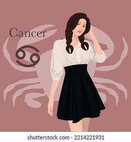 Pretty cancer zodiac girl in white shirt and short skirt. Cancer zodiac sign and symbol with pink crab background. 