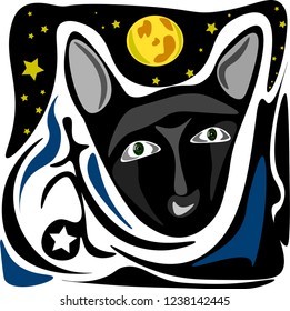 pretty card with cat in the moon night. vector illustration