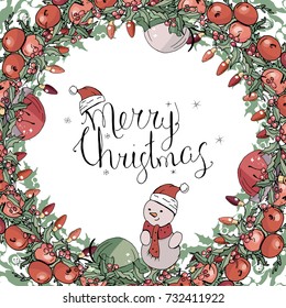 Pretty card with Christmas decoration. Round garland decorated with season festive elements. Calligraphy phrase Merry Christmas. For season greeting cards, posters,advertisement. Vintage style.