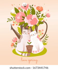 Pretty card design of cats in love with spring sitting cuddling in front of a watering can filled with colorful flowers and green leaves above text - Love Spring, vector illustration