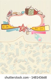 Pretty card with sewing accesories surrounding a blank white cartouche or label for your message or invitation on a pretty delicate patterned background