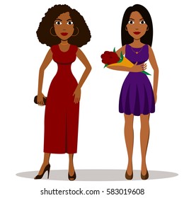 Pretty cartoon african girls in different dresses. Vector set of young women in various poses, isolated on white