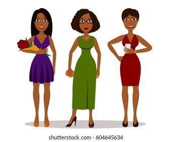 Pretty cartoon african girls in different party dresses. Outfits for party night, isolated on white background. Flat style vector illustration of full body detailed characters in various poses