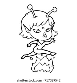 pretty cartoon alien girl jumping over fire