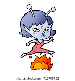 pretty cartoon alien girl jumping over fire