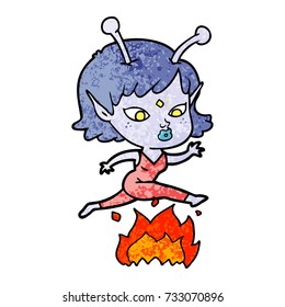 pretty cartoon alien girl jumping over fire