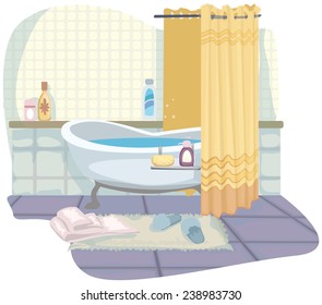 Pretty Cartoon Bathroom, With Bath, Vector Illustration