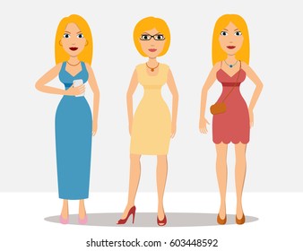 Pretty cartoon blonde girls in different dresses. Flat style vector set illustrations of full body detailed characters in various poses