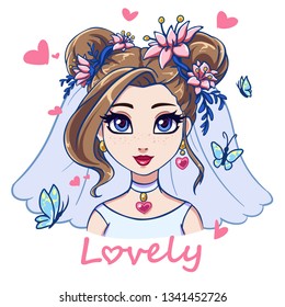 Pretty cartoon bride portrait. Big blue eyes, blue flowers and white dress. Hand drawn vector illustration, isolated on white background. Prints, cards, t-shirt template etc. 