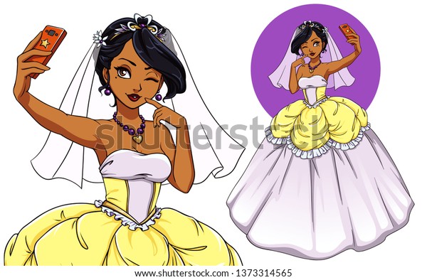Pretty Cartoon Bride Taking Selfie Brunette Stock Vector Royalty