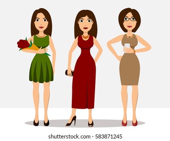 Pretty cartoon brunette girls in different dresses. Flat style vector set illustrations of full body detailed characters  in various poses