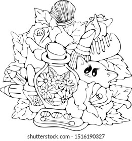 Pretty cartoon cat with a make up and perfumes, cute vector doodle stock illustration, coloring page, girls party, celebration, print for greeting / invitation card, black outlines on white background