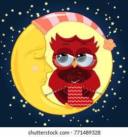 Pretty cartoon, coquettish owl wearing glasses knits a sock on spokes and sits on a dozing crescent against the background of the night sky with stars