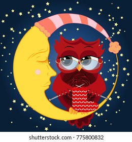 Pretty cartoon, coquettish owl wearing glasses knits a sock on spokes and sits on a dozing crescent against the background of the night sky with stars