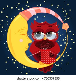 Pretty cartoon, coquettish owl wearing glasses knits a sock on spokes and sits on a dozing crescent against the background of the night sky with stars