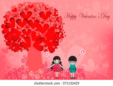Pretty Cartoon Couple ,Vector illustration of Valentine card ,flat design,Tree with heart-shaped red .
