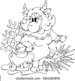 Pretty Cartoon Cow with perfume bottle, cute black and white isolated vector doodle stock illustration, print for coloring, books, greeting or invitation card, t-shirt, fabric, logo, website or apps