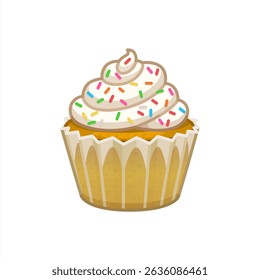 Pretty cartoon cupcake emoji with icing and sparkly white sprinkles, vector 10 eps.