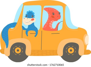 Pretty, cartoon dinosaur ride on transport, fun driving, amusement travel, flat style vector illustration, isolated on white. Funny prehistoric animal ride on car, colorful design, children s picture