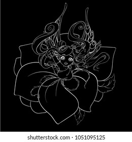 Pretty cartoon fairy girl wearing rose petals. Hand drawn vector illustration. Can be used for coloring book, T-shirt, tattoo, print and cards. 