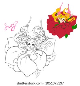 Pretty cartoon fairy girl wearing rose petals. Hand drawn vector illustration. Can be used for coloring book, T-shirt, tattoo, print and cards. 