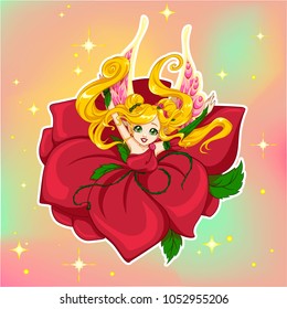 Pretty cartoon fairy girl wearing rose petals. Hand drawn vector illustration. Can be used for coloring book, mobile games, T-shirt, tattoo, print and cards.